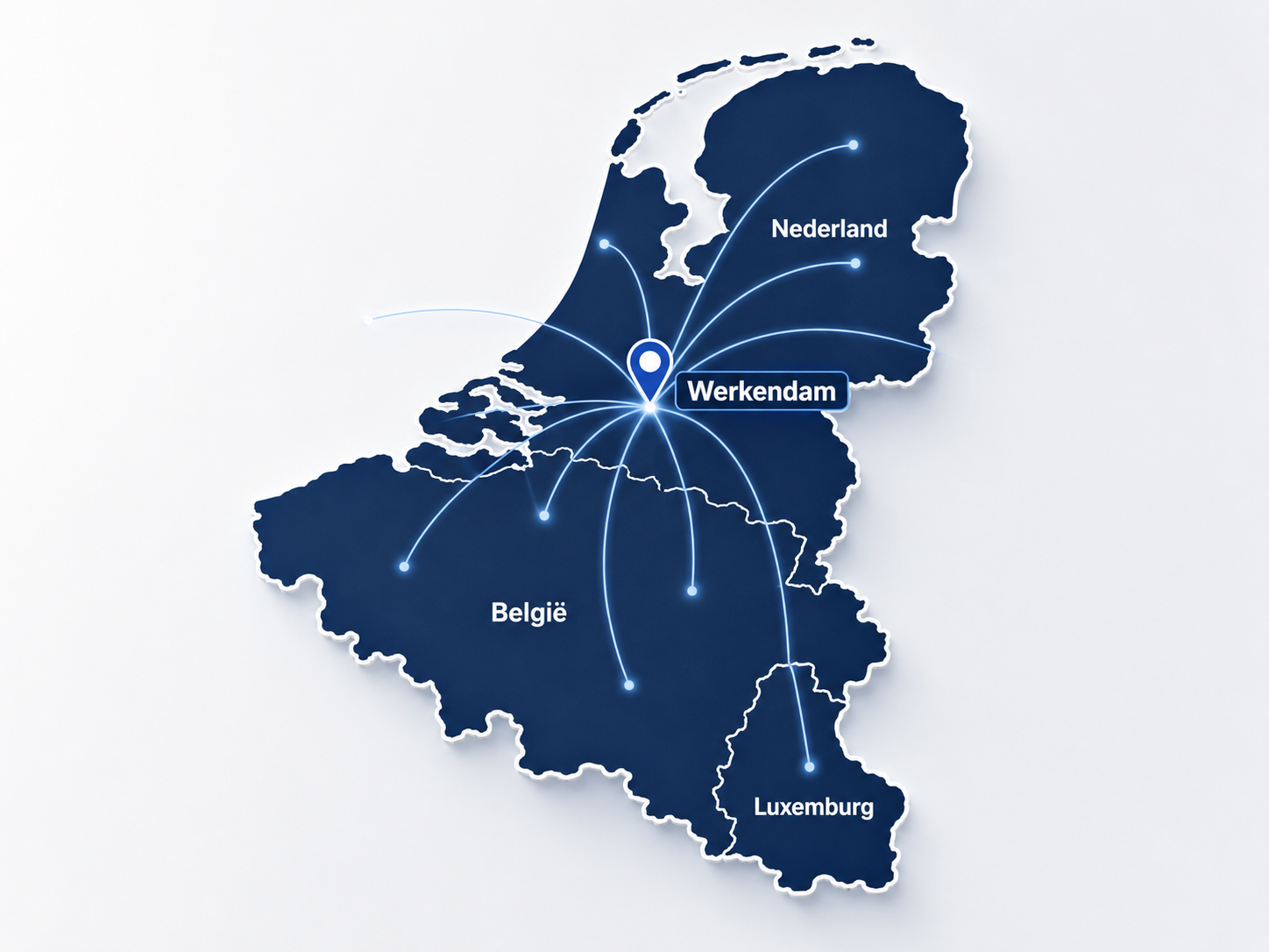 Werkgebied TIK in de Benelux met Werkendam als centraal vertrekpunt
